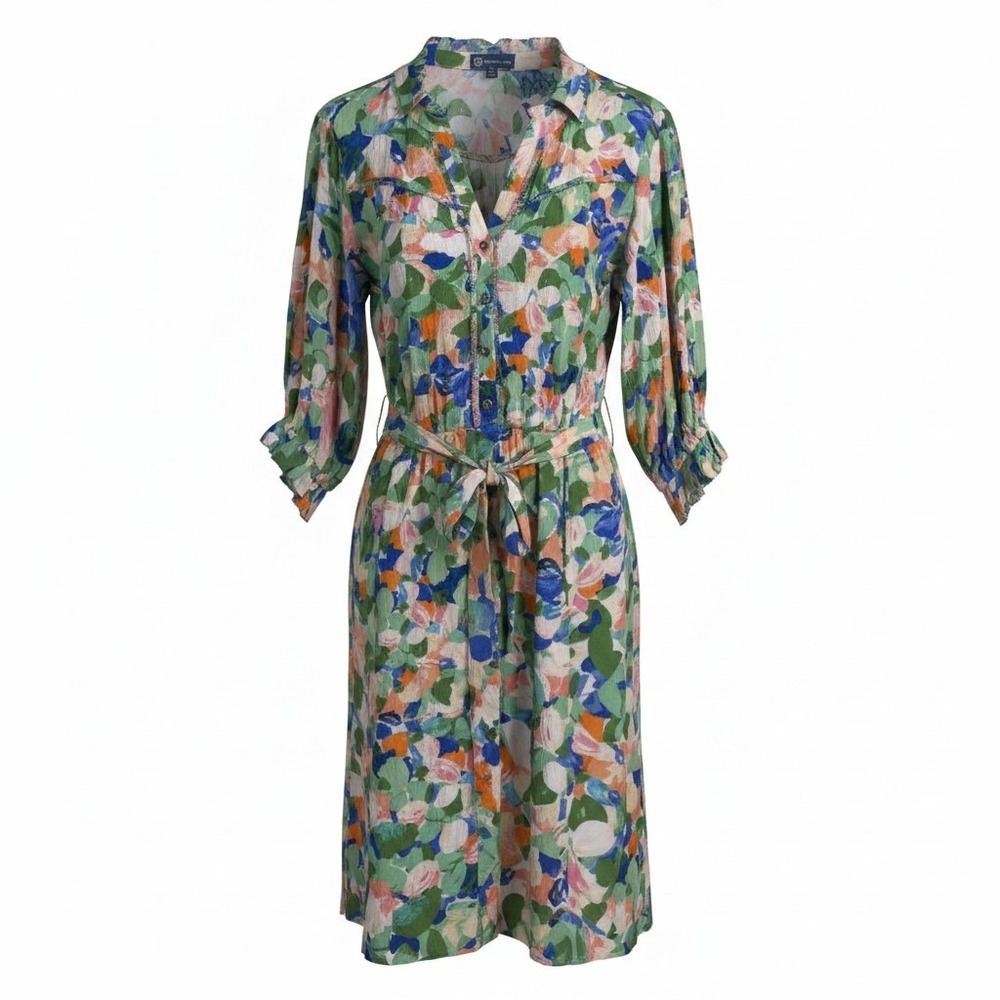 Democracy Women Midi Dress L Multicolor Floral Button Front Tie Boho Spring